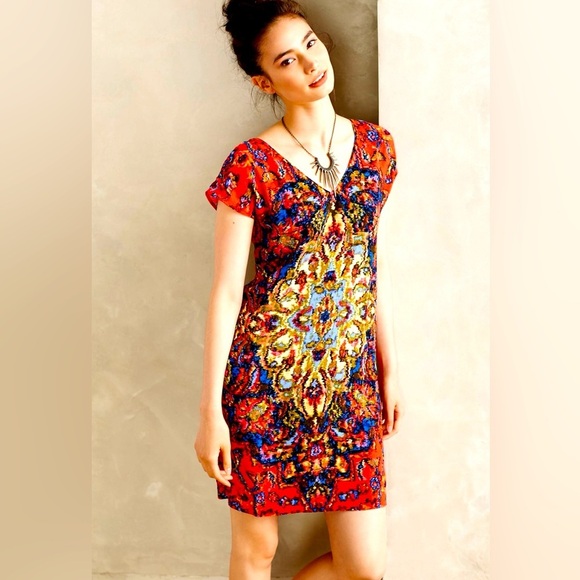Anthropologie - Maeve Prins V Neck Short Sleeve Lightweight Colorful Dress Small - Picture 1 of 12